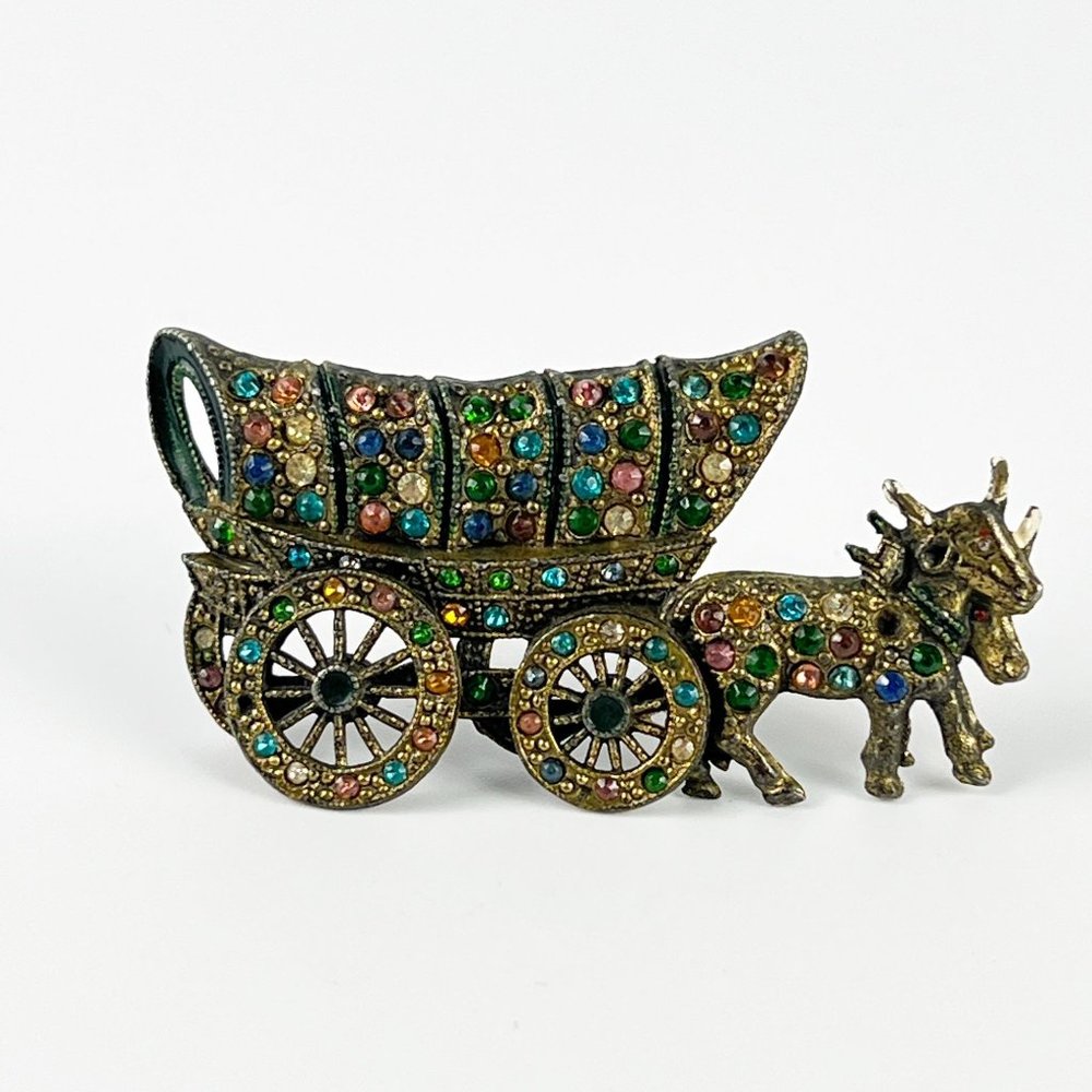 Vintage 1930's Little Nemo LN Mechanical Covered Wagon Rhinestone Pin Brooch